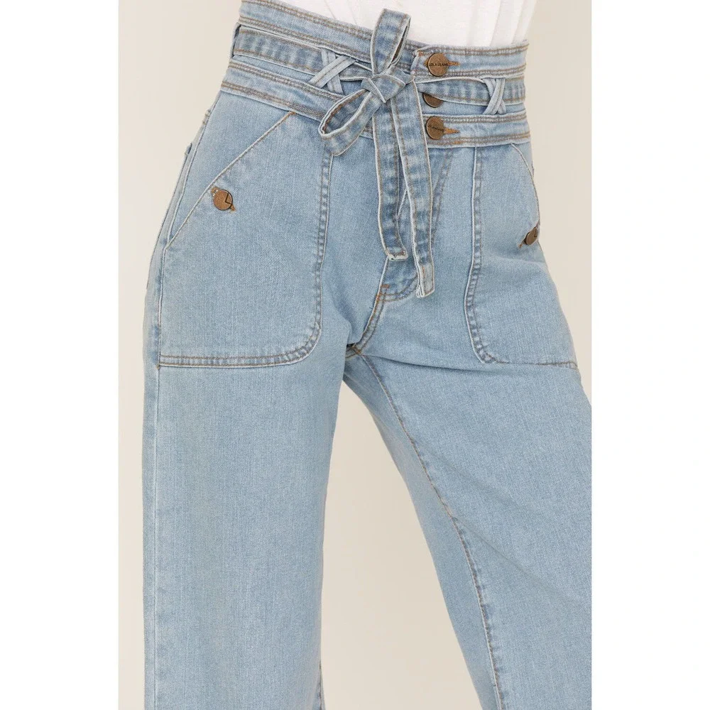 Lola Reese Jeans High‎ Rise Wide Leg Crop Jeans Light Wash Belted Womens Size 30